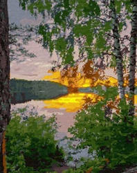 MALOWANIE PO NUMERACH DRZEWA BRZOZA ZACHÓD SŁOŃCA JEZIORO Z RAMĄ 40X50