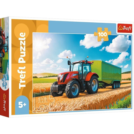 Puzzle 100 el. Maszyny rolnicze Traktor z przyczepą ciągnik Trefl