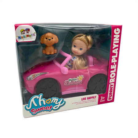Auto kabriolet różowy z lalką i pieskiem zestaw mini lalka 