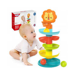 WIEŻA ZJEŻDŻALNIA PIŁECZEK Z GŁOWĄ LWA GRZECHOTKA MONTESSORRI KOSZYKÓWKA