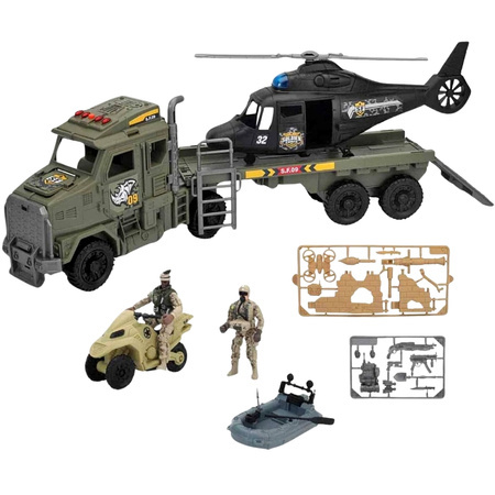 Zestaw wojskowy z cięzarówką helikopterem pontonem quadem rzołniezami