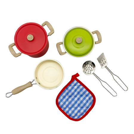 Zestaw kuchenny metalowo plastikowy 8 elementów garnki patelnie