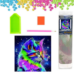 DIAMENTOWA MOZAIKA HAFT DIAMENTOWY KOT KOLOROWY Z MOTYLEM W KOSMOSIE