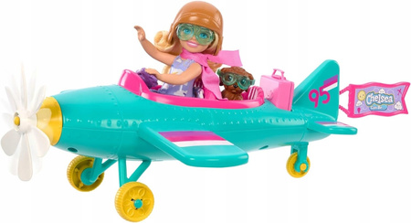 Lalka Barbie Chelsea pilotka zestaw z samolotem pieskiem HTK38