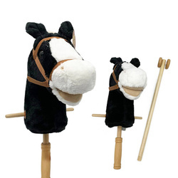 Koń 95cm z dźwiękiem drewniany kij składany z kółkami CZARNY HOBBY HORSE