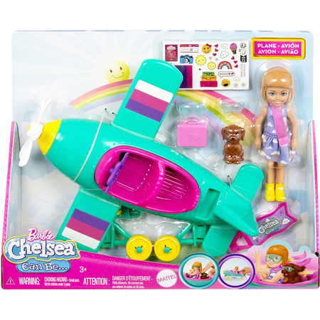 Lalka Barbie Chelsea pilotka zestaw z samolotem pieskiem HTK38
