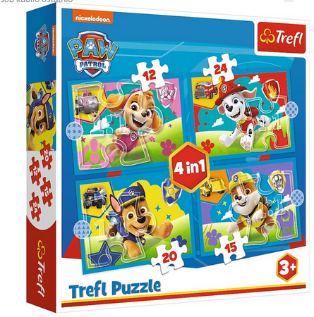 PUZZLE 4W1 BIEGNĄCE PIESKI PSI PAW PATROL TREFL 34628