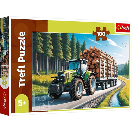 Puzzle 100 el. Ciągnik leśny Traktor z przyczepą z balami drewna Trefl 