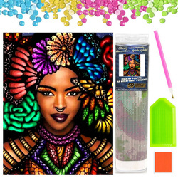 DIAMENTOWA MOZAIKA HAFT KOBIETA CZARNOSKÓRA W KWIATACH MOTYLE 30X40CM