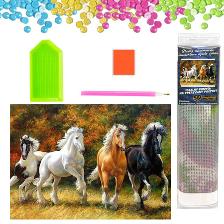 DIAMENTOWA MOZAIKA HAFT DIAMENTOWY 5D Cztery konie w galopie