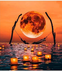 MALOWANIE PO NUMERACH KSIĘŻYC NAD JEZIOREM LAMPIONY Z RAMĄ 50X40