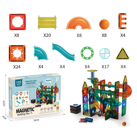 Klocki magnetyczne 105 elementów różne kształty tor kulkowy