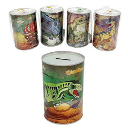 SKARBONKA Z RYSUNKAMI DINOZAURÓW METALOWA BŁYSZCZĄCA