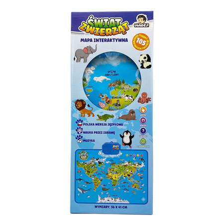 Interaktywna mapa zwierząt świata B/O 56x41cm rozkładana