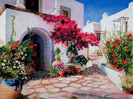 DIAMENTOWA MOZAIKA HAFT DOMEK ŚRÓDZIEMNOMORSKI Z KWIATAMI 30X40CM