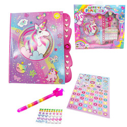 PAMIĘTNIK SEKRETNIK NA HASŁO Z DŁUGOPISEM UV I NAKLEJKAMI JEDNOROŻEC