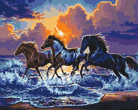 DIAMENTOWA MOZAIKA HAFT DIAMENTOWY KONIE CZARNE GALOP W MORZU
