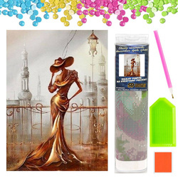 DIAMENTOWA MOZAIKA HAFT KOBIETA NA BALKONIE W KAPELUSZU 30X40CM