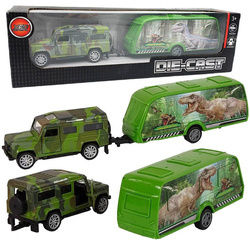 AUTO TERENOWE JEEP Z PRZYCZEPĄ DO TRANSPORTU DINOZAURÓW CAMPER