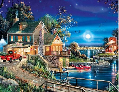 DIAMENTOWA MOZAIKA HAFT DIAMENTOWY DOMEK LETNISKOWY NOCĄ NAD POTOKIEM 30X40