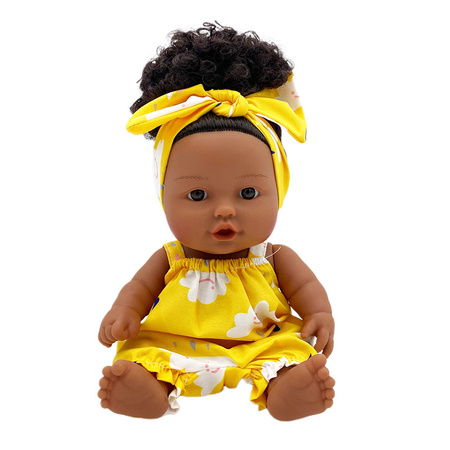 Lalka ciemnoskóra Afro w żółtym ubranku bobas 26 cm
