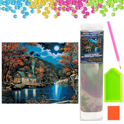 DIAMENTOWA MOZAIKA HAFT DIAMENTOWY DOM NAD JEZIOREM NOCĄ