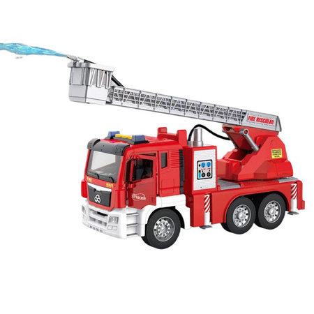 Wóz straż pożarna z drabiną koszem lejący wodę światło dźwięk