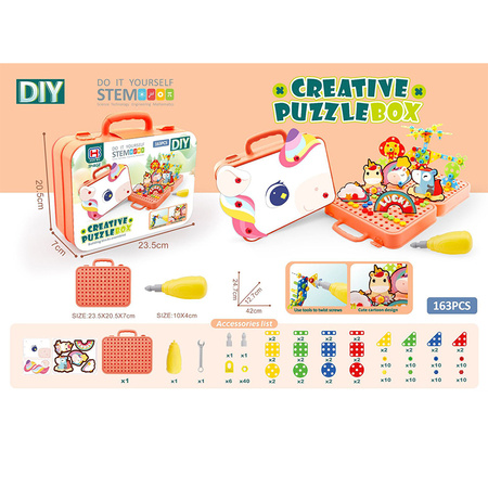 CREATIVE PUZZLE KLOCKI 3D JEDNOROŻEC DO SKRĘCANIA W WALIZCE Z NARZĘDZIAMI