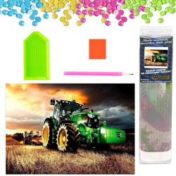 DIAMENTOWA MOZAIKA HAFT DIAMENTOWY ZIELONY TRAKTOR W BLASKU SŁOŃCA 30X40 CM