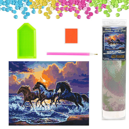DIAMENTOWA MOZAIKA HAFT DIAMENTOWY KONIE CZARNE GALOP W MORZU