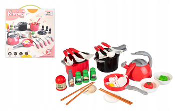 Zestaw kuchenny 32 elementy czerwony garnki akcesoria czajnik