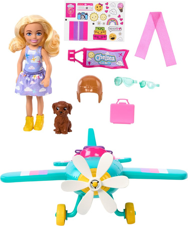 Lalka Barbie Chelsea pilotka zestaw z samolotem pieskiem HTK38