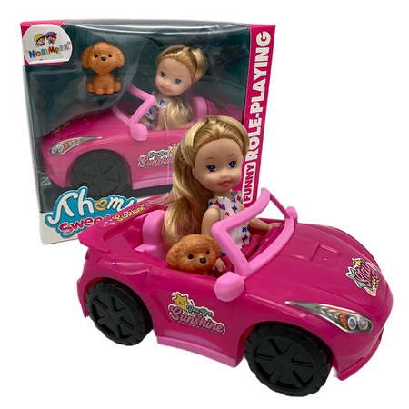 Auto kabriolet różowy z lalką i pieskiem zestaw mini lalka 