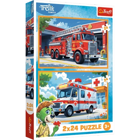 Puzzle Rodzina Treflików 2 x 24 elementów Wóz strażacki i karetka Trefl